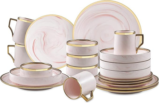 Fine China Artisan Marbled 20pc Dinner Set, Pink with Gold