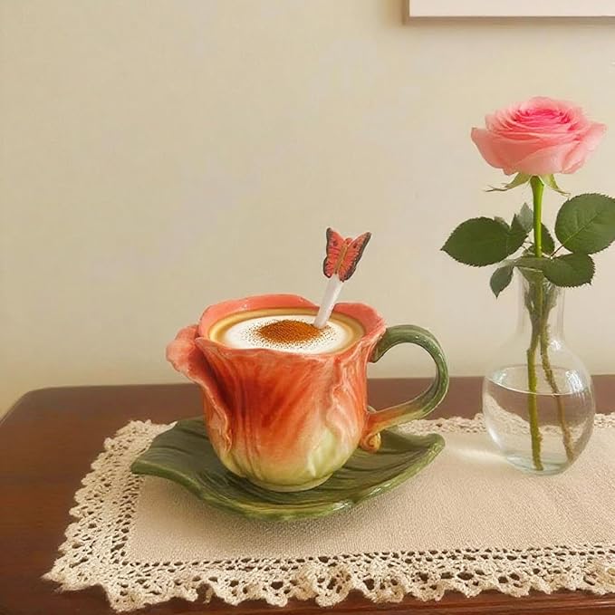 Ceramic Tea Cup and Saucer Set ，6OZ 3D Hand-Painted Flower Coffee Mug，Gift for Women -Orange Tulip