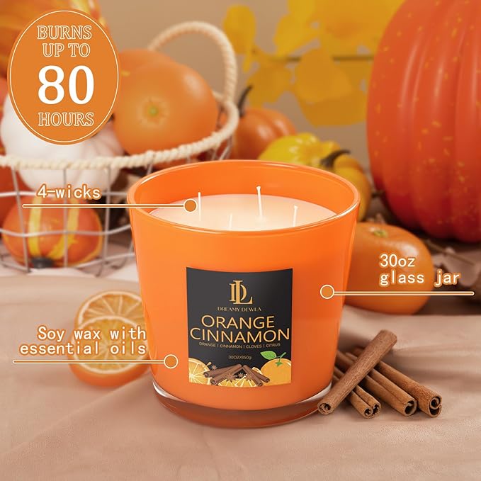 Large Fall Candle Orange Cinnamon Scented, 4 Wick Natural Soy Candles for Home Scented, 30oz Big Autumn Candle Long Lasting, Home Aromatherapy Candles Housewarming Gift for Women Men