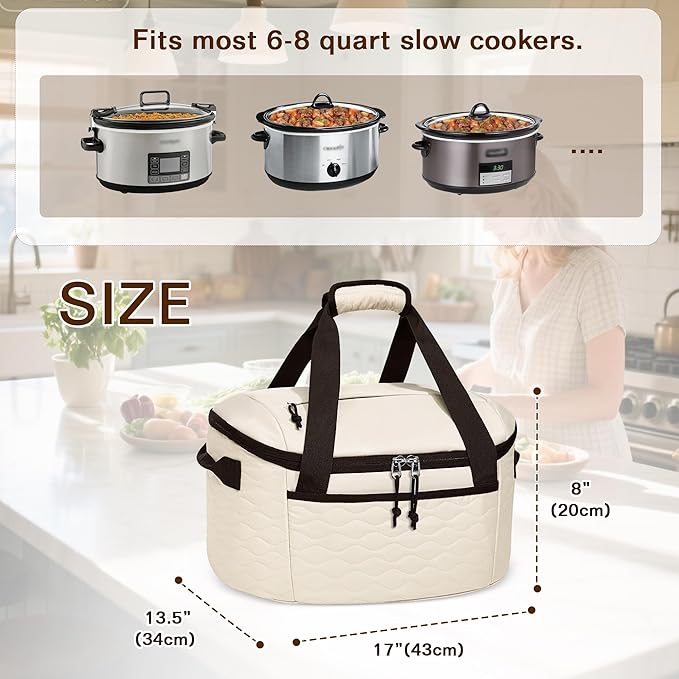 LUXJA Oval Slow Cooker Carrying Bag Compatible with Crock Pot 6-8 Quart, Insulated Slow Cooker Travel Bag with Lid Fasten Straps, Beige