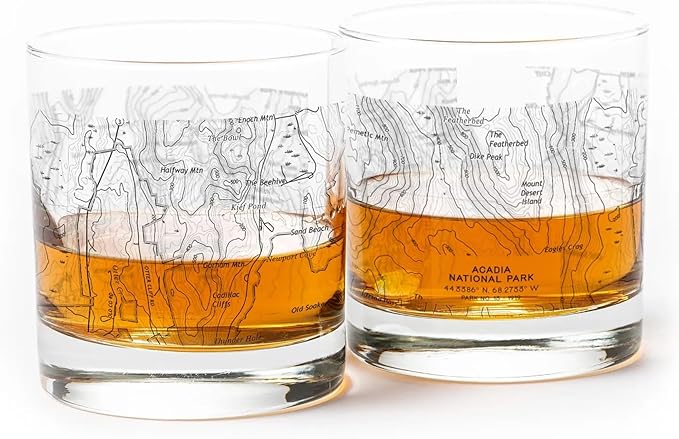 Acadia National Park Whiskey Glass Set of 2-11oz. Heavy Base Rock Glasses with Topographic Map and Gift Box