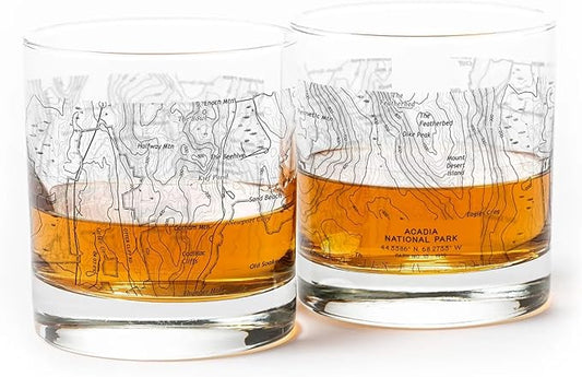 Acadia National Park Whiskey Glass Set of 2-11oz. Heavy Base Rock Glasses with Topographic Map and Gift Box