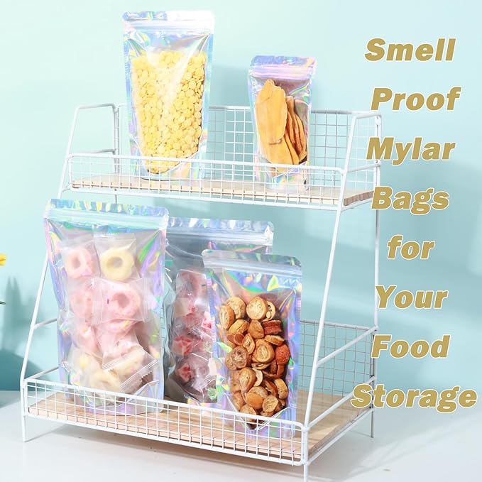 150-pack 7” x 10” Stand Up Mylar Bags with Clear Window 1 Quart Resealable Foil Pouches for Food Storage Smell Proof Edible Packaging Bag for Small Business Large Plastic Storage Bag Bulk, Holographic
