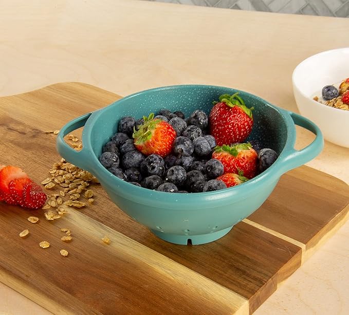 Crisp 2-Piece Mini Colander Berry Baskets With Handles - Food Strainers For Kitchen - Small Colander For Berries & Grape - Dishwasher Safe Berry Strainer - Made in the USA - Prussian Blue & Light Teal