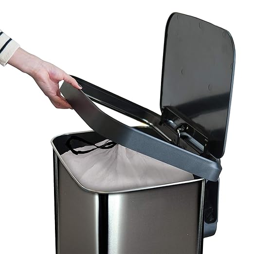 Glad Stainless Steel Step Trash Can with Clorox Odor Protection | Large Metal Kitchen Garbage Bin with Soft Close Lid, Foot Pedal and Waste Bag Roll Holder, 13 Gallon, Pewter