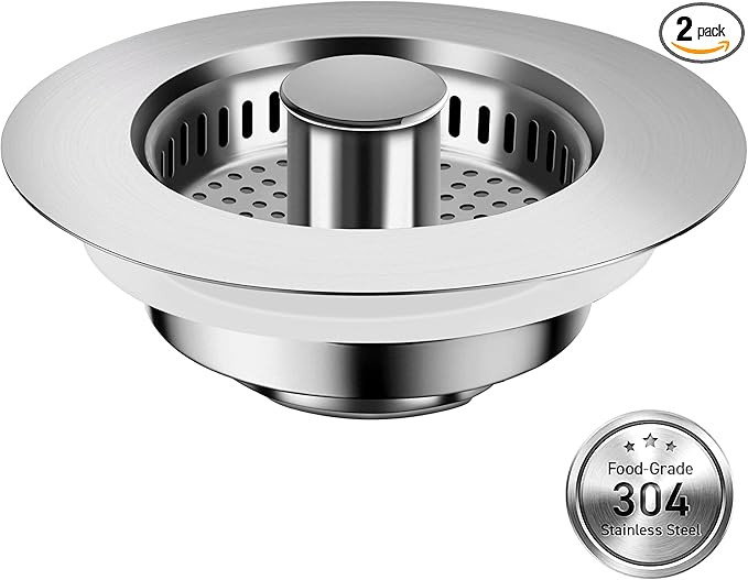 3-in-1 Kitchen Sink Drain Strainer with Bounce Core - Universal Stainless Steel Drain Stopper 2-Pack, Easy to Install & Clean, Upgraded Design