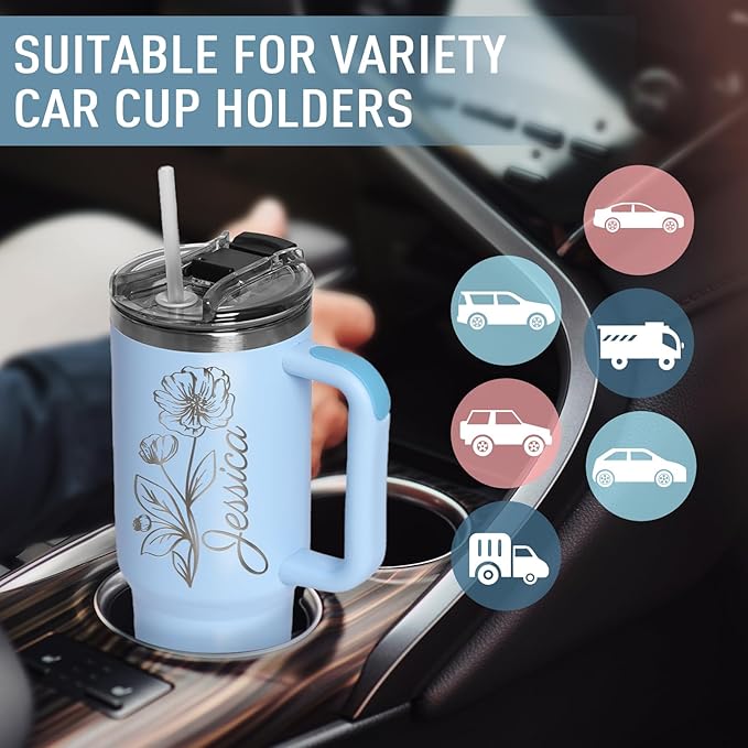 Personalized 40 Oz Tumbler with Handle and Straw Lid, Custom Stainless Steel Water Bottle Travel Mug with Names and Birth Flower, Personalized Mothers Birthday Gifts for Mom Women Men Friend,Christmas
