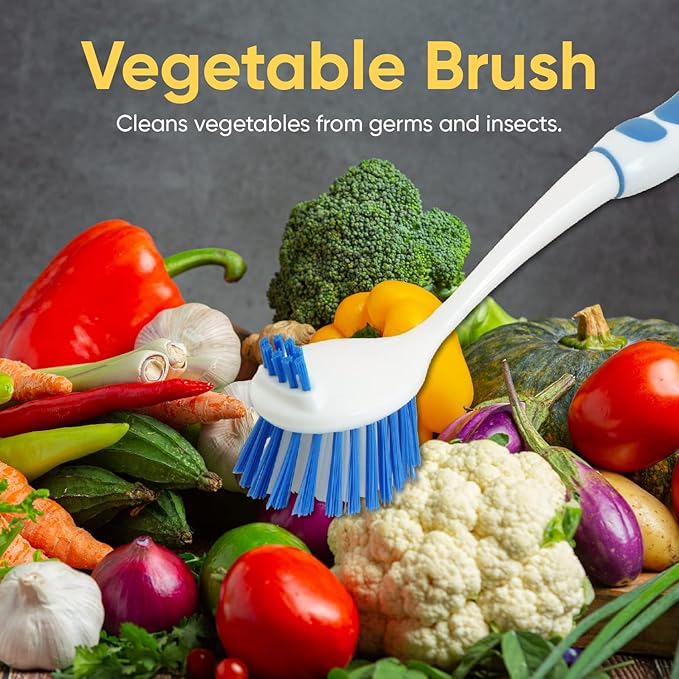 Dish Washing Vegetable Brush Scrubber with Stainless Steel Grill Brush, Scourer Sponge Brush Set with Long Handle and Rubber Grip, Non-Scratch, Kitchen Cleaning Set (2 Pack, Blue)