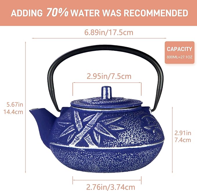 27oz Small Cast Iron Teapot, SECHUDO Blue Tea Kettle for Stovetop Safe, Japanese Style Tea Pot with Stainless Steel Infuser for Loose Leaf(800ML)