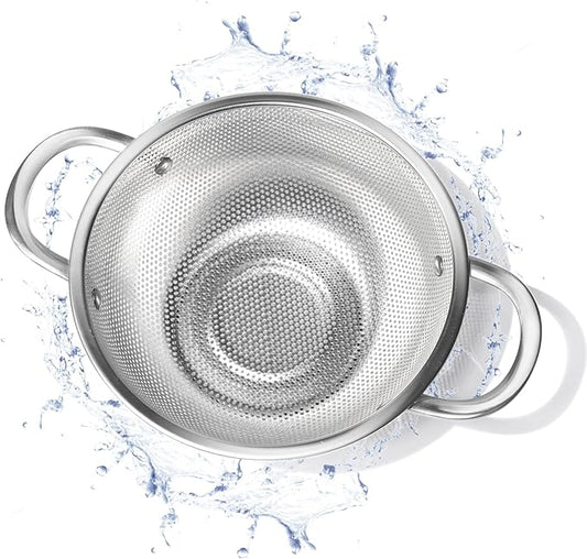 Premium Stainless Steel Colander for Kitchen, Food Strainer Basket with Handle and Solid Ring Base for Fruits Vegetables Rice and Pasta, Dishwasher Safe (5QT)