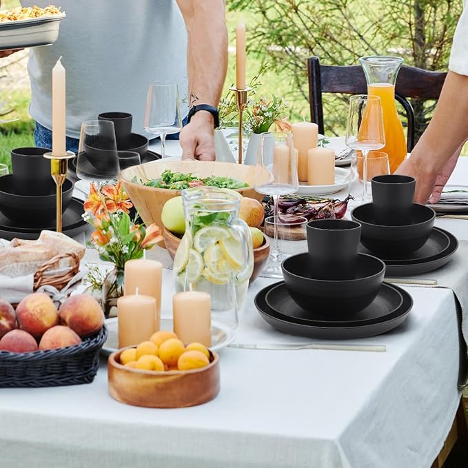24-Piece Black Unbreakable Wheat Straw Dinnerware Set -Plates and Bowls Sets for 6, Eco-friendly Dishes Set for 6