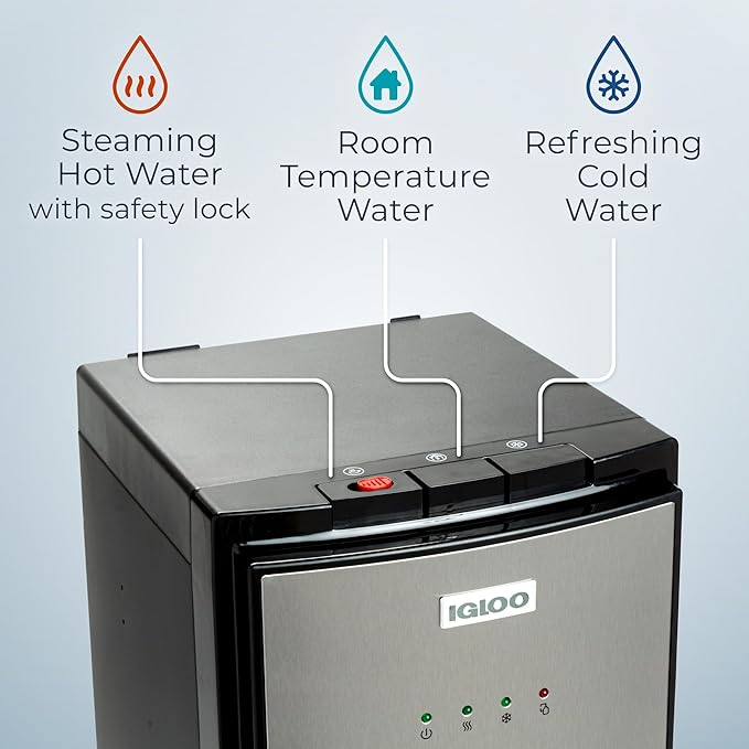 Igloo Bottom Loading Water Cooler – Hot, Cold, & Room Temperature Dispenser – Stainless Steel, Holds 3 & 5 Gallon Jugs, Child Safety Lock – for Homes, Kitchens, Offices, Dorms