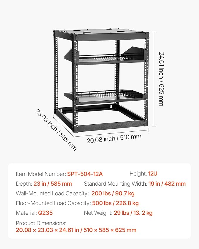 VEVOR 12U Server Rack, Open Frame Network Rack for IT & AV Gear, Floor Standing or Wall Mounted,with 2PCS 1U Rack Shelves & Mounting Hardware, AV Rack for 19" Networking,Audio and Video Device