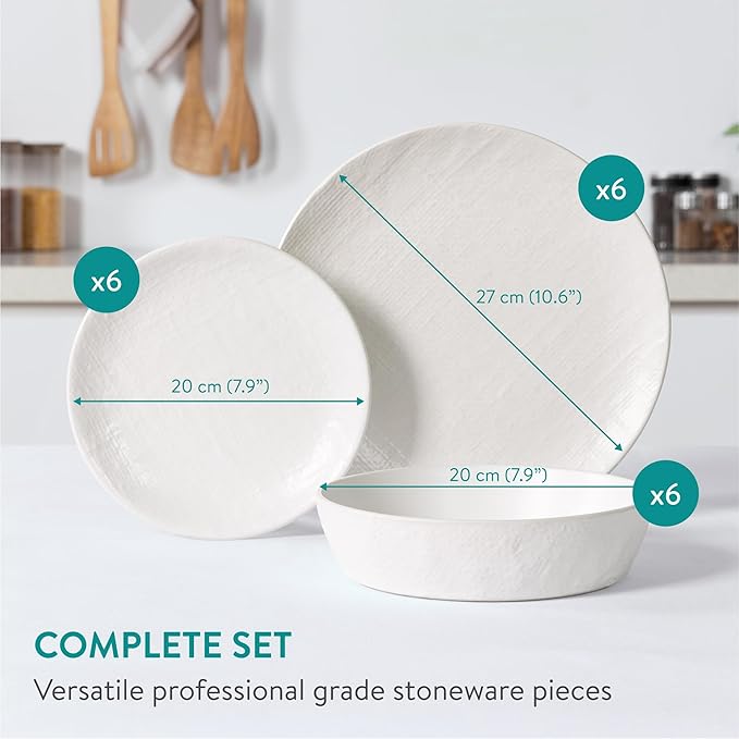 Navaris Linen Artisan Stoneware Dinnerware Set (18 Pieces) - White Dinnerware with Dinner Plates, Side Plates, and Pasta Bowls - Dishwasher and Microwave Safe