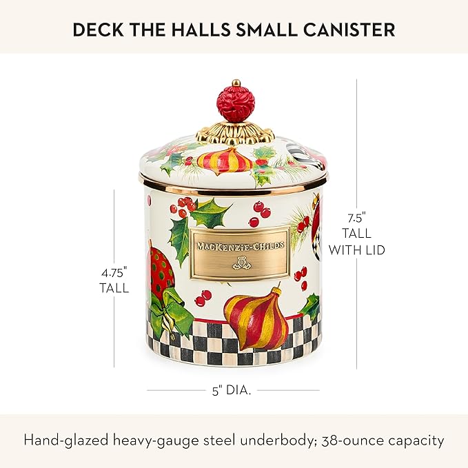 MACKENZIE-CHILDS Enamel Canister, Kitchen Storage Container with Lid, Small, Deck the Halls