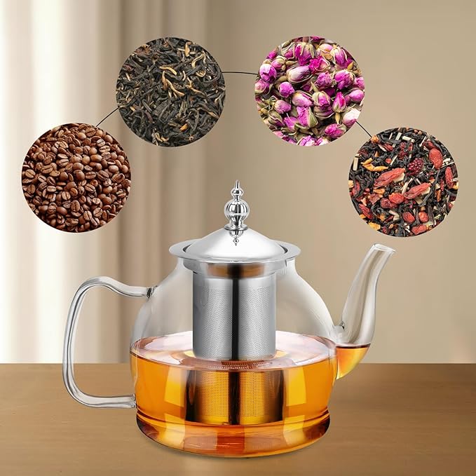 Glass Teapot 40oz/1200ml with Removable Infuser, Borosilicate Clear Tea Kettle, Stovetop Safe Tea Kettle Blooming Loose Leaf Teapots, for Camping, Travel