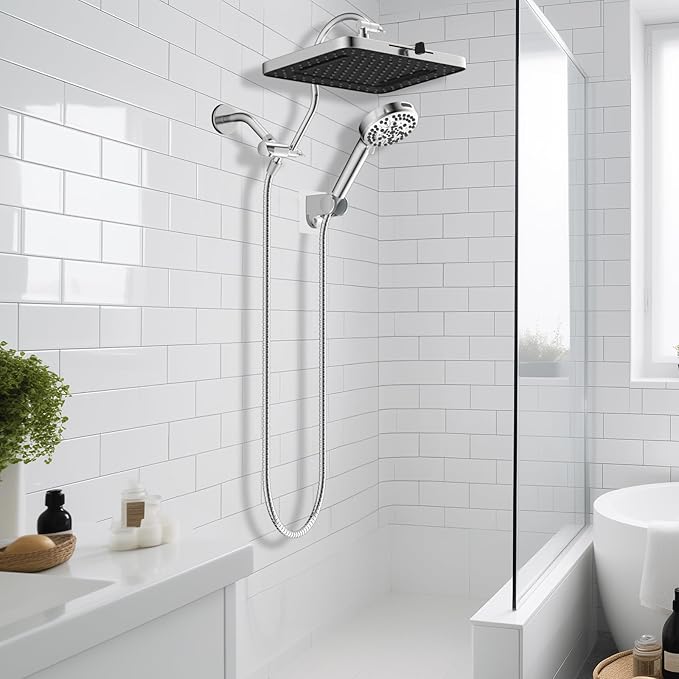 Hibbent cUPC Certified High Pressure 13'' Dual Shower Head Combo with 10-mode Handheld Spray, Upgraded Rainfall 5-spray Shower Head, 12'' Adjustable Extension Arm, 71'' Hose, Showerhead Holder, Chrome