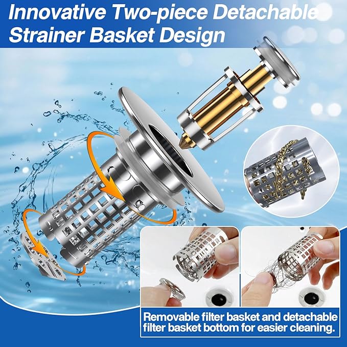 Sink Stopper Hair Catcher, Pop-up Sink Drain Strainer with Removable Stainless Steel Strainer Basket Hair Catcher, Bathroom Sink Strainer for Bathroom Sink Stopper Replacement