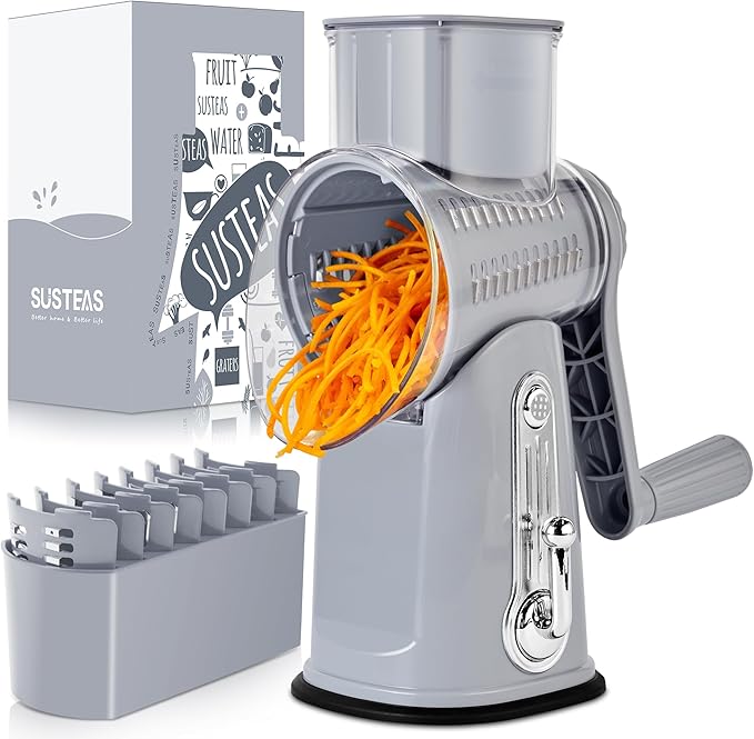SUSTEAS Rotary Cheese Grater with Handle - Vegetable Shredder with 5 Well-designed Blades & Strong Suction Base,Round Mandoline Slicer & Food Chopper for Kitchen,with Blade Storage Box(Gray)