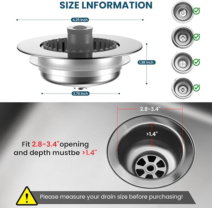 3 in 1 Kitchen Sink Strainer & Stopper, Pop Up Drain Plug for 3.5 Inch Sink – Anti-Clogging, Brass Core, Easy to Clean with Bonus Basket – Silver – DIKSEFN (Silver)