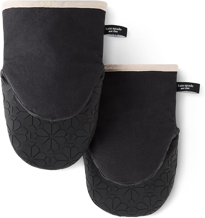 Kate Spade New York Spade Flower Soft Silicone Mini Oven Mitt 2-Pack Set, Heat Resistant, Flexible Non-Slip Silicone Grip, Black/Ivory, 5.5"X8"