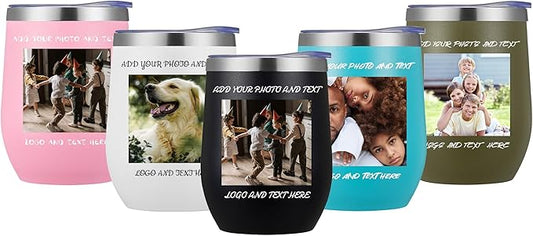 48 Pack Personalized Wine Tumbler,12oz Custom Stainless Steel Coffee Mug,Tumblers with Lids,Customizable with Picture and Names Engraving,Suitable for Woman,Men,Families and Travel