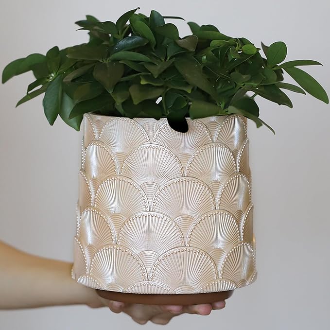 GUGUGO Pearl Beige Scale Planter, Cute Unique Plant Pot with Drainage, Eclectic Colorful Small Flower Planters Pots for Indoor & Outdoor Plants, Rainbow Funny Succulent Gardening Pot Gifts