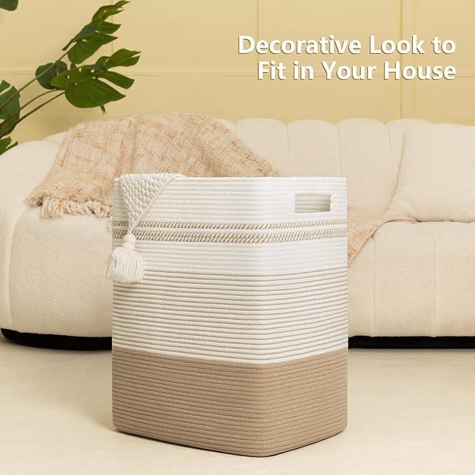Laundry Hamper, Large Woven Rope Tall Laundry Basket with Handles, 22" X 17" X 13", Decorative Storage Basket for Clothes and Blankets in Living room, Bedroom, Jute & White