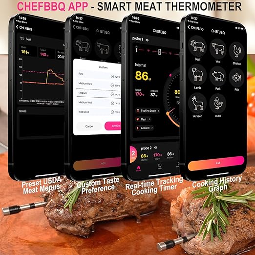 Wireless Meat Thermometer, 800Ft Bluetooth Thermometer for Turkey Beef Lamb, Meat Thermometer Digital Wireless for Rotisserie Sous Vide BBQ Oven Smoker Cooking Thermometer