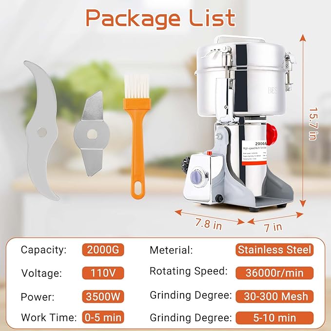 Electric Grain Mill Grinder 2000g Stainless Steel Pulverizer 36000r/min High-speed Grain Mill 3500W Dry Material Grinding Machine 270° swingable Superfine powder for Home and Commercial
