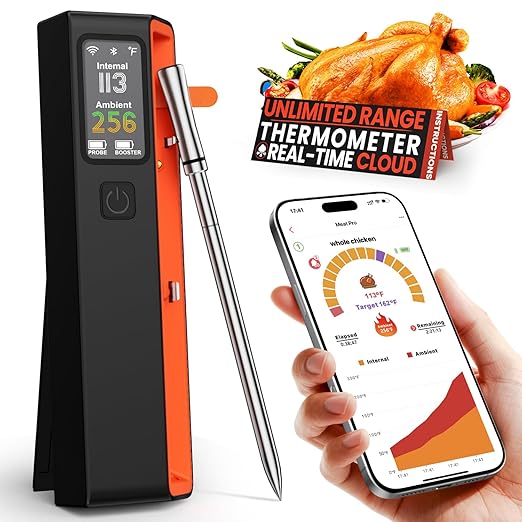 Wireless Bluetooth Smart Meat Thermometer: ±0.5°F Accuracy, 1 Probe with 6 Sensors - WiFi Digital Thermometer with LED Base, NIST Certified Accuracy, Long-Range for BBQ, Grill, Smoker, Oven