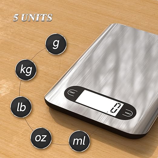 Qzzhizhao Digital Kitchen Scale, 17 Pounds Capacity Food Scale with LCD Display, Weight Grams and Ounces for Cooking and Baking, Stainless Steel Platform, Anti-Splash