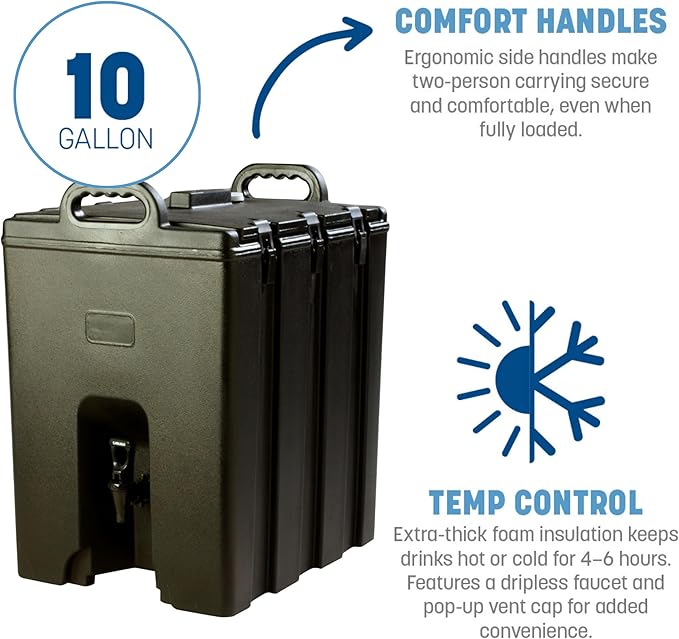Carlisle FoodService Products Cateraide Insulated Beverage Dispenser with Handles for Catering, Events, Kitchens, and Restaurants, Plastic, 10 Gallons, Black