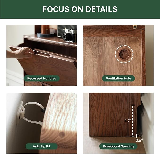 Oak Shoe Cabinet with 3 Flip Drawers, Solid Wood Shoe Storage Cabinet, Narrow Shoe Organizer for Entryway, 7.9" x 33.5" x 45.7", Oak Wood, Walnut