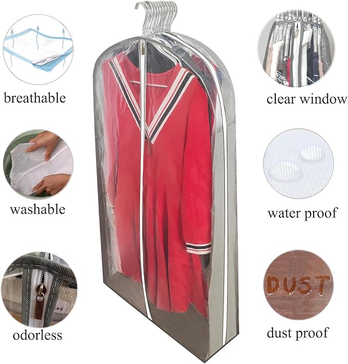 Dress Bags for Gowns Long with 6.3" Gusset, 50" Clear Long Garment Bags for Hanging Clothes, Dresses Covers and Side Zipper Protector for Storage, Overcoat, Trousers, Sweater, 3 Packs
