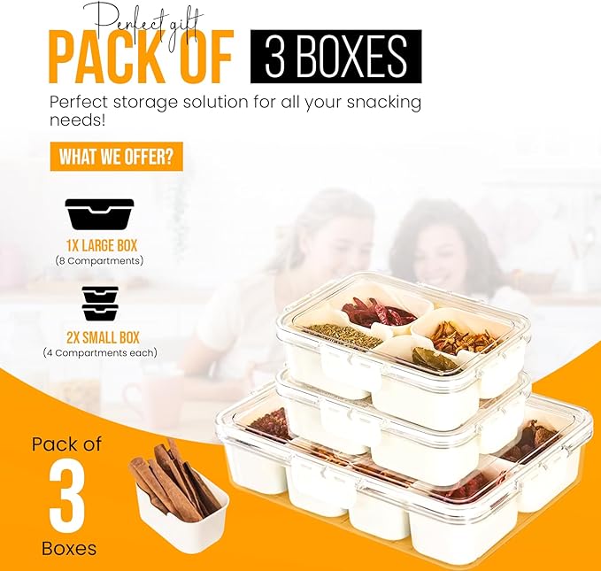 Snackle Box Container (3-Pack) Snack Box Container with Lid | Divided Serving Tray with Lid | Large & Small Airtight Snack Tray, Veggie Tray, Snacklebox for Travel, Snacks, Fruits & More