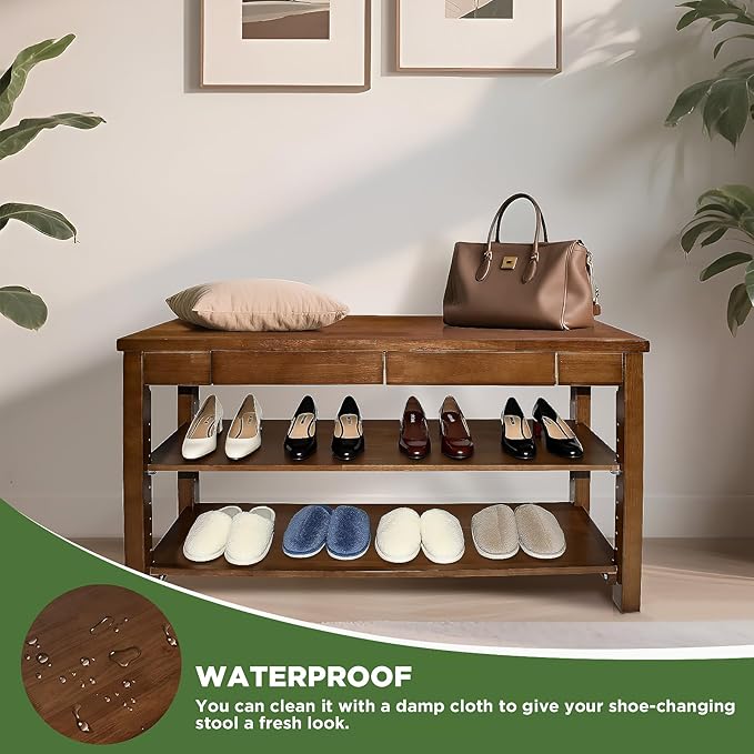 Shoe Storage Bench Wood Entryway: Shoe Rack Bench with Drawer 3-Tiers Height Adjustable,Rustic Wooden Organizer for Front Door Entrance Hallway Living Room,Mudrooms (Walnut 2-Tiers, 39.3")