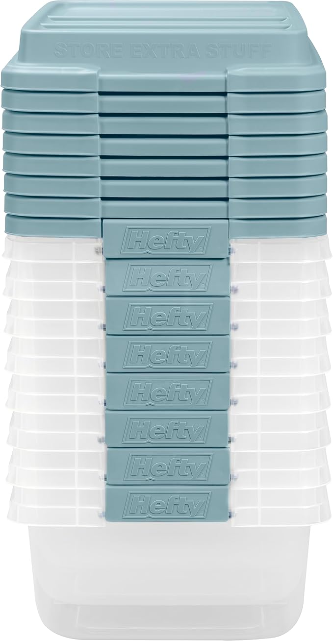 Hefty HI-RISE 18 Qt Plastic Storage Bins with Lids, 8 Pack Clear Stackable Containers with Secure Latching Handles, Under Bed Storage Boxes for Clothes, Shoes, Toys, Closet Organization