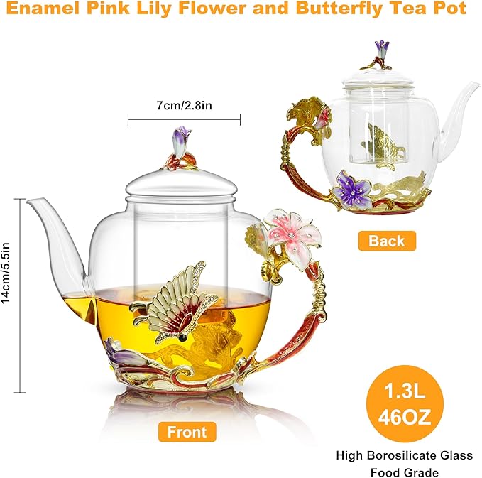 Lily Flower Enamel Glass Teapot - 46oz/1300ml, Floral Teapot With Removable Loose Tea Leaf Infuser