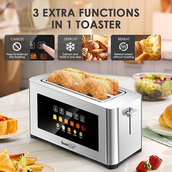 Geek Chef Touch Screen Toaster 4 Slice, 1.5" Extra Wide Slots for Bagels & Waffles, 6 Browning Levels, Timer, Reheat, Defrost, Cancel Function, Auto Shut-Off, Removable Crumb Tray, Stainless Steel