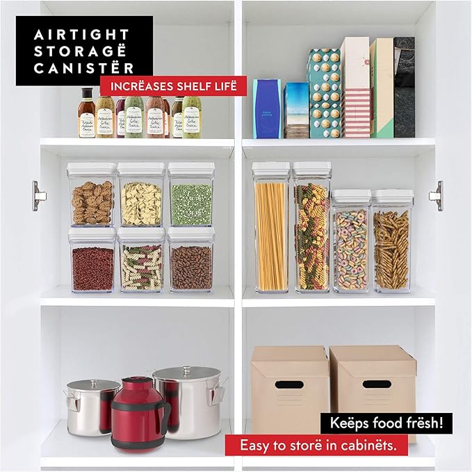 DWËLLZA KITCHEN Airtight Food Storage Containers for Pantry With White Lids – 6 Pack - Clear Air Tight Kitchen Containers Pantry Organization and Storage - BPA-Free Plastic - Keeps Food Fresh & Dry
