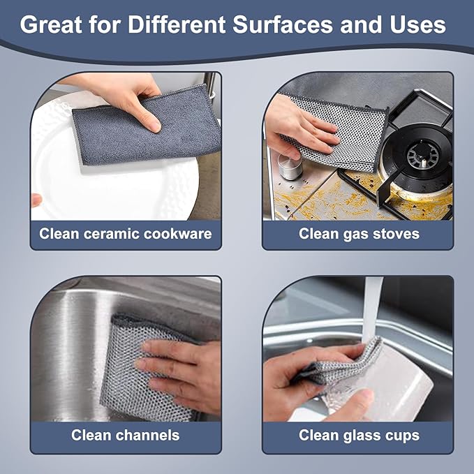 12PCS Wire Dishwashing Rag Non-Scratch: Multipurpose Wire Dishcloth for Wet and Dry - New Upgrade Double-Layer Dish Cloth Metal Cleaning Cloths with Microfiber for Kitchen, Sinks, Dishes, Stove Tops