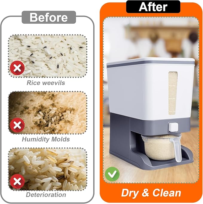 Mity rain Rice Dispenser 20-25 Lbs with Moisture Absorbing Clay, Rice Storage Container with Measuring Cup, Cereal Containers Storage Airtight for Kitchen Pantry Organization