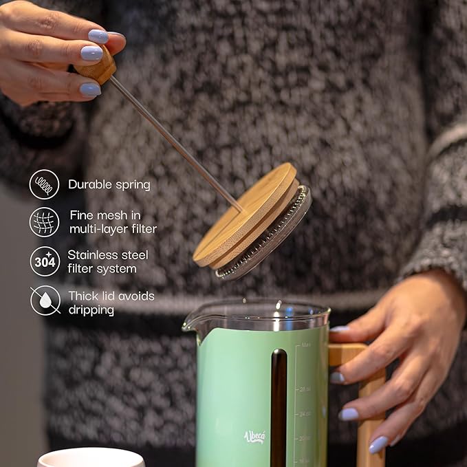 French Press 34 oz Coffee Maker, Mint Green Thick Borosilicate Glass, Bamboo Handle, 2-Layer Stainless Filter and cover, Easy Clean, Eco-Friendly Gift ready Set