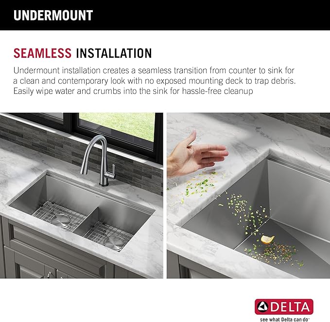 DELTA FAUCET Rivet 33-Inch Workstation Kitchen Sink Undermount 16 Gauge Stainless Steel 50/50 Double Bowl with WorkFlow Ledge and Chef’s Kit of 9 Accessories, 95B931-33D-SS