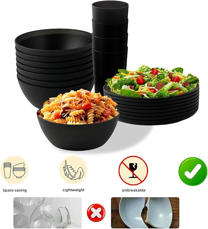 24pcs Dinnerware Sets,Plates and Bowls Sets,Dishes Set for 8,Unbreakable Modern Dish Sets,Reusable Dinning Set,Dishware Sets for Kitchen,Party or Picnic, Dishwasher Safe,Black,BPA free