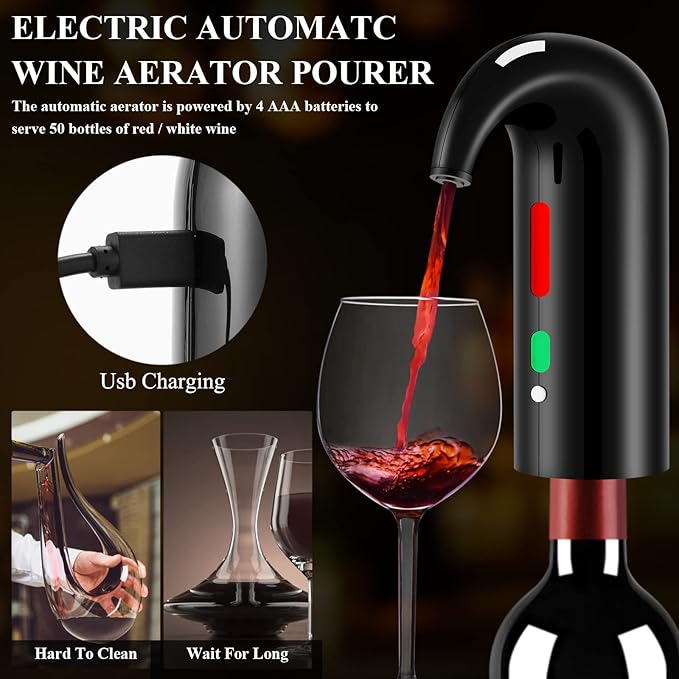 Wine Opener Christmas Day Gift Set with Electric Wine Bottle Opener, Wine Decanter&Wine Aerator and Pourer, wine stopper, Foil Cutter and EVA Storage Bag, Rechargeable and Automatic(Black)
