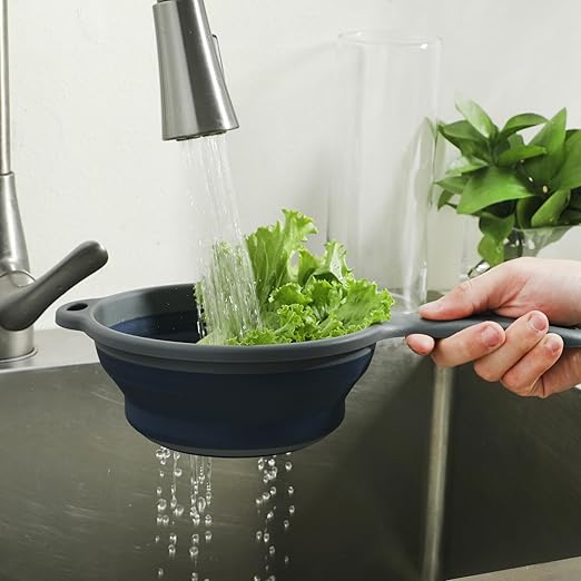 Oster Bluemarine Foldable Handled Strainer – 7-Inch Collapsible Colander for Pasta, Veggies, Fruits, Compact Kitchen Tool, Dishwasher Safe, Blue/Grey