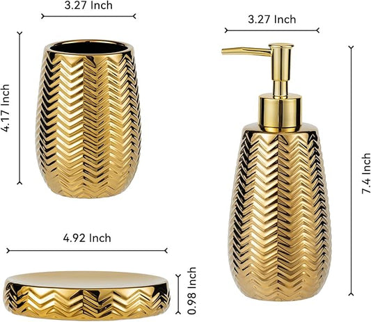 Gold Bathroom Accessories 3pcs Stylish Bathroom Accessories Set Gold Soap Dispenser Pump, Tumbler and Soap Dish Modern Decor Wavy Design Ceramic Bathroom Accessory Set