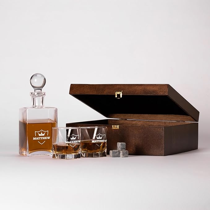 Personalized Whiskey Decanter Set with Engraved Glasses - Personalized Gifts for Men With Engraved Wooden Box and Whiskey Stones